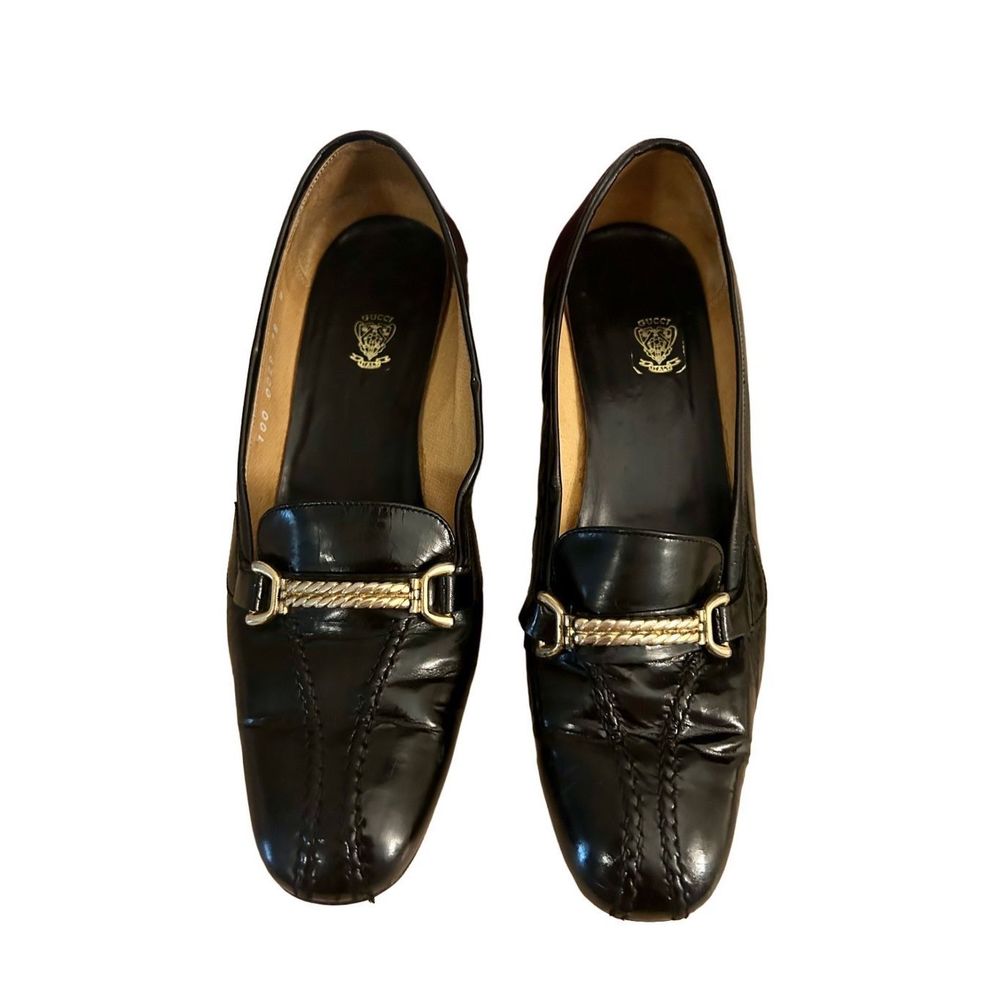 Vintage Gucci Black Leather Heels with Gold Accents